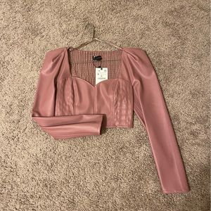 Zara Pink Faux Leather Puff Sleeve Crop Top